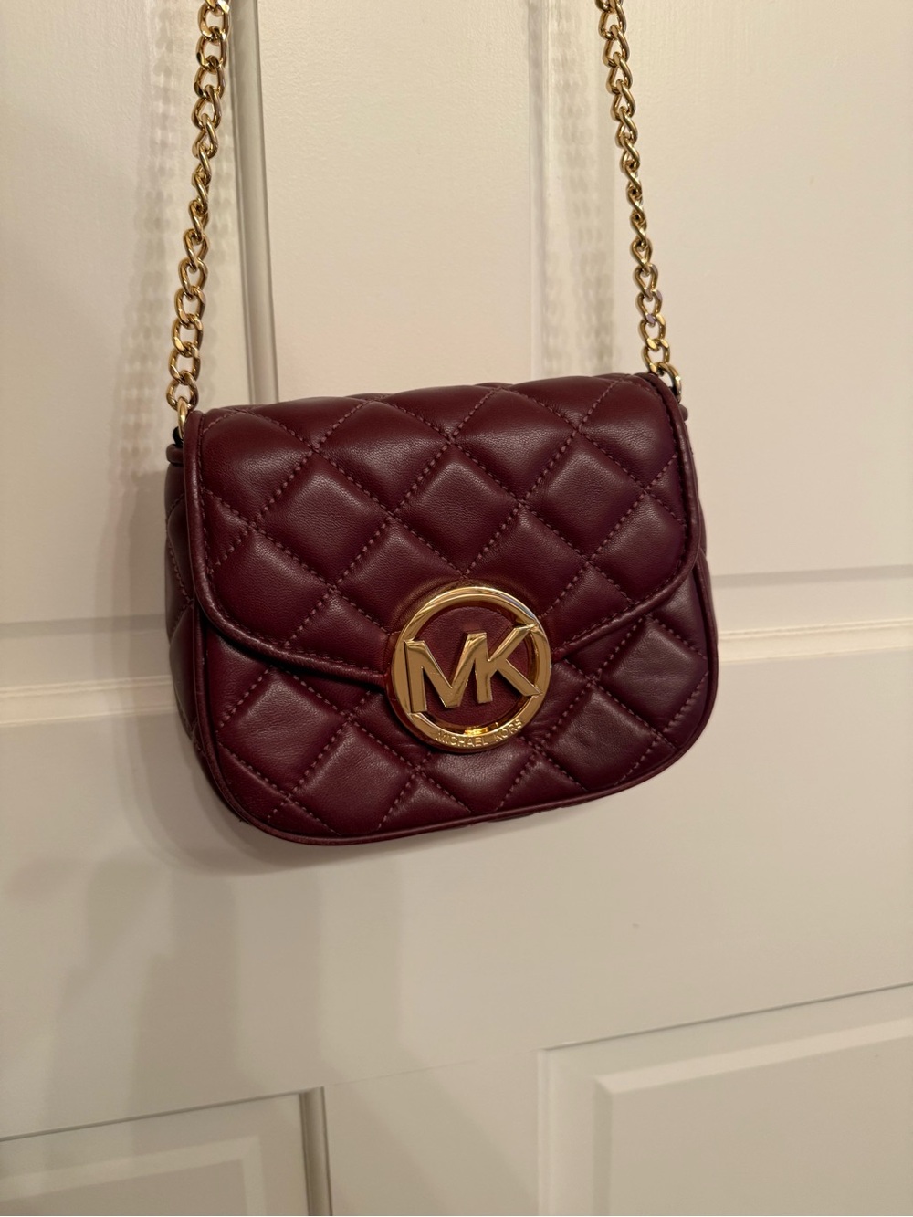 Michael Kors Quilted Wine Crossbody Bag with Gold MK Chain